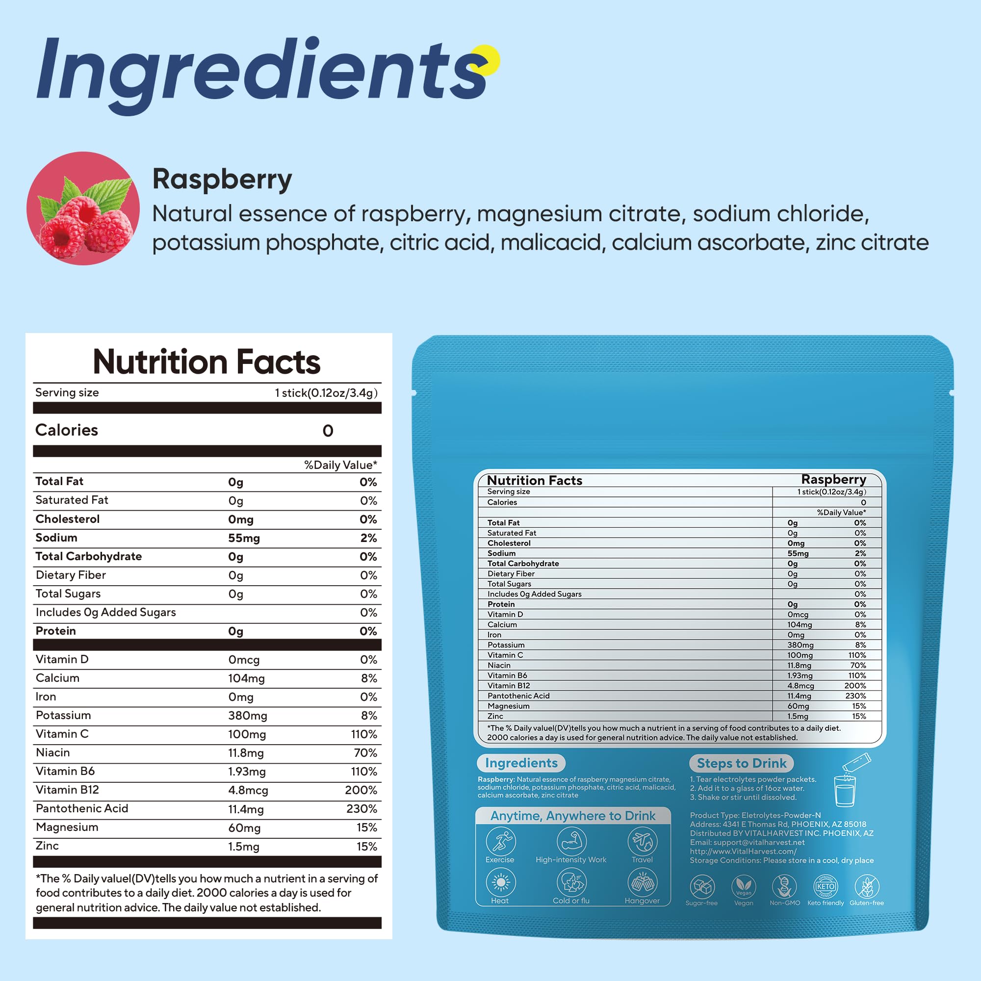 VitalHarvest electrolyte powder dissolving in water for quick hydration.