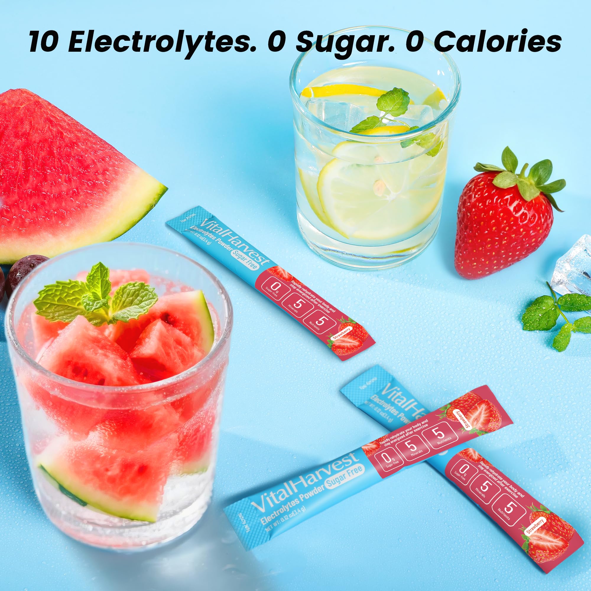 VitalHarvest strawberry-flavor hydration powder in a glass with ice