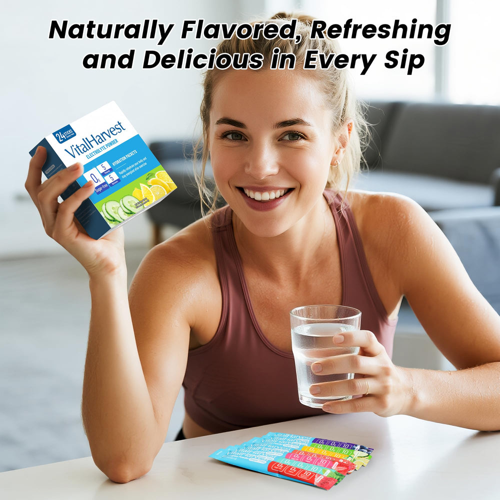 VitalHarvest travel packets on the go, hydration for travel days.