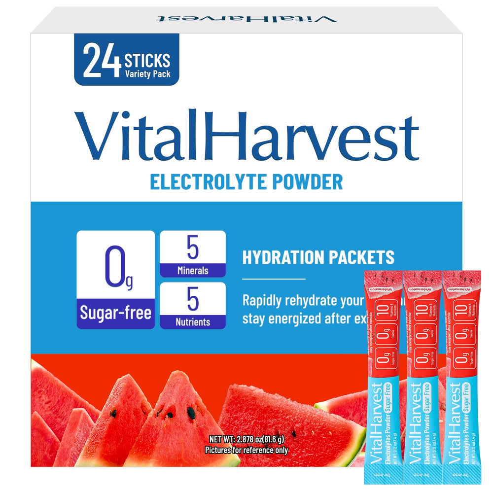 VitalHarvest watermelon electrolyte packet ready to mix for quick hydration