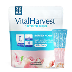 VitalHarvest white peach electrolyte packet dissolving for quick on-the-go hydration.