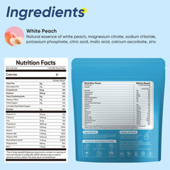 VitalHarvest white peach electrolyte packet dissolving in water for refreshing hydration.