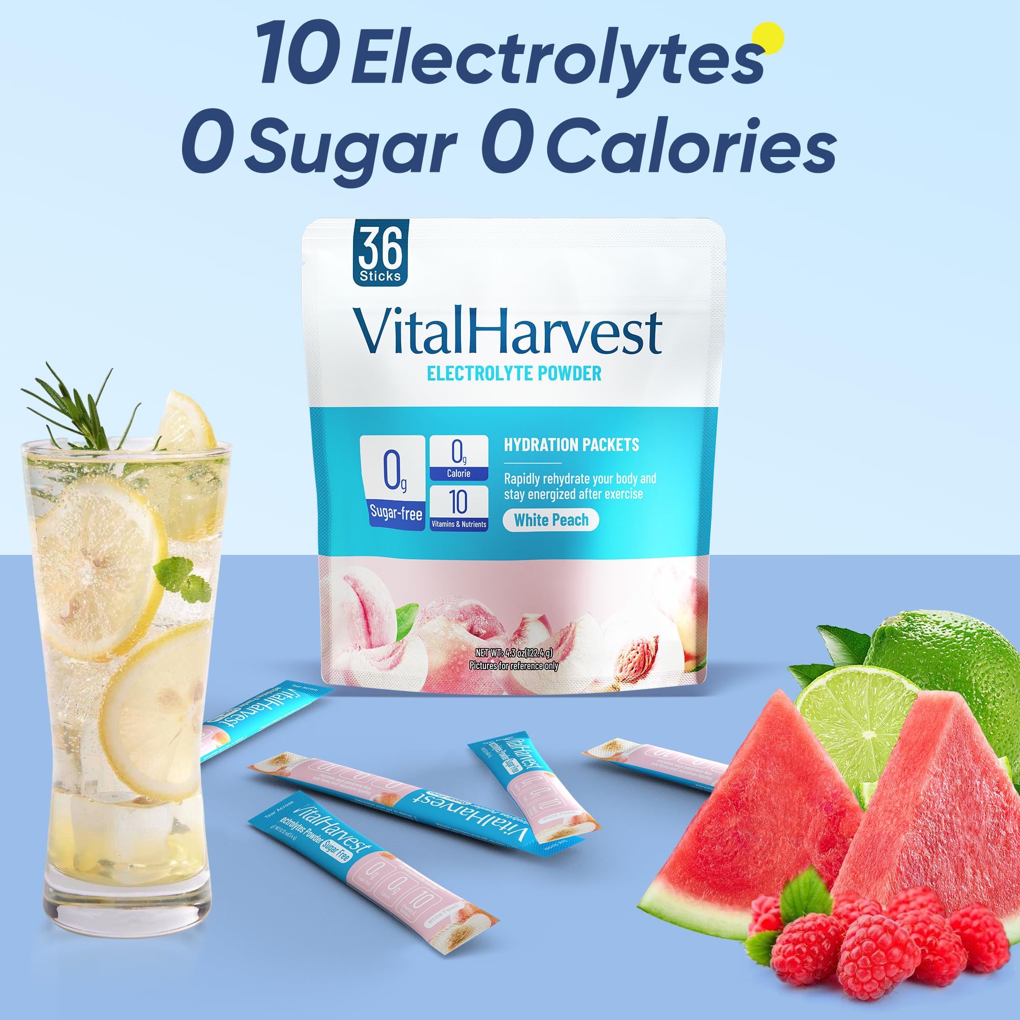 VitalHarvest white peach electrolyte packet provides zero-calorie hydration without overpowering taste.