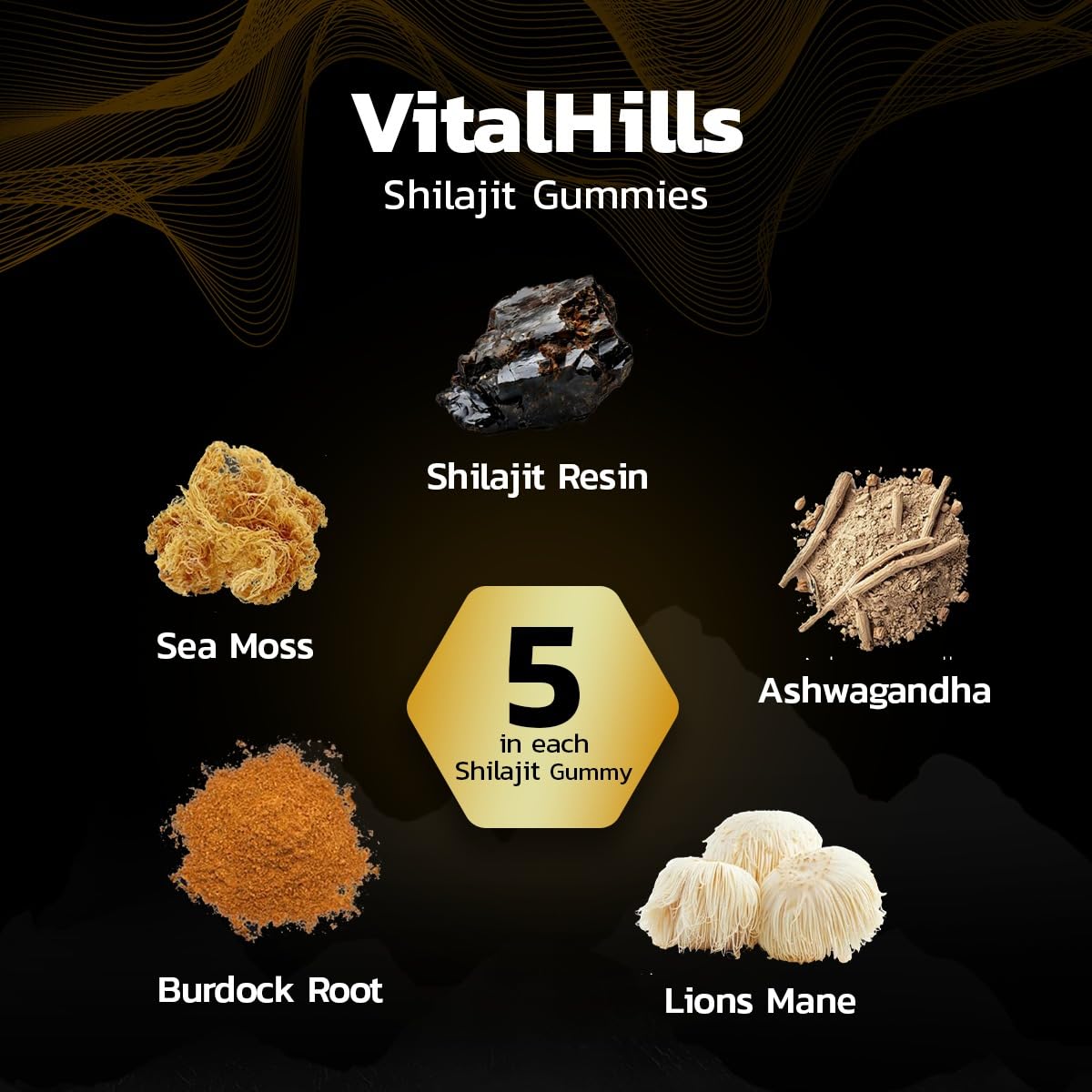 VitalHills Ashwagandha-infused gummies ingredient shot highlighting adaptogens for daily balance
