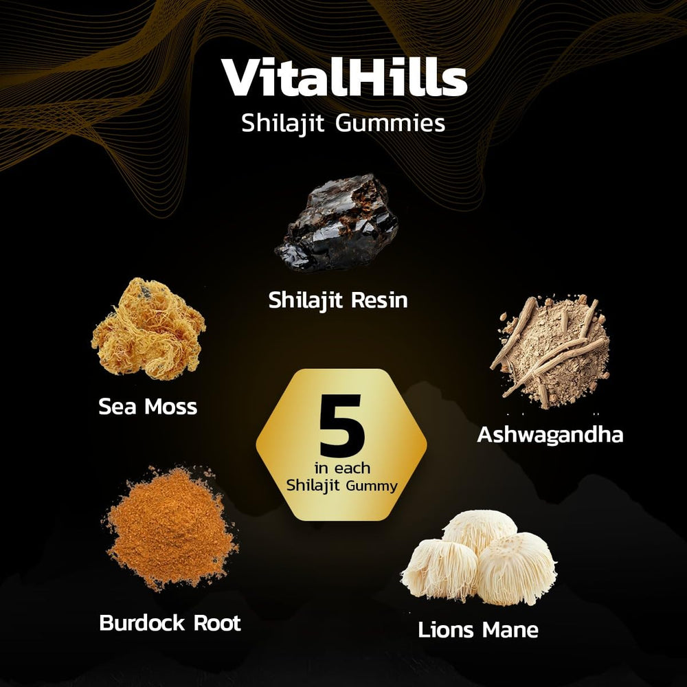 VitalHills Ashwagandha-infused gummies ingredient shot highlighting adaptogens for daily balance