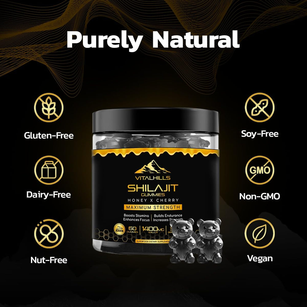 VitalHills gummies close-up showing chewy texture and honey-cherry flavor for energy support