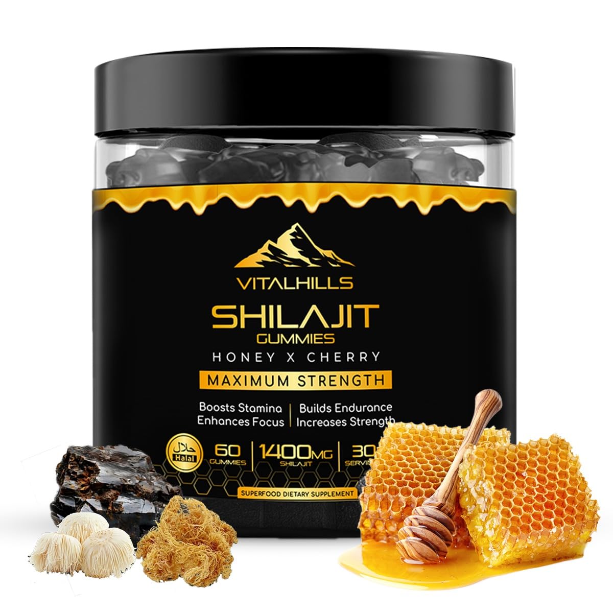 VitalHills Himalayan Shilajit Gummies in a jar with natural sweetness for daily vitality