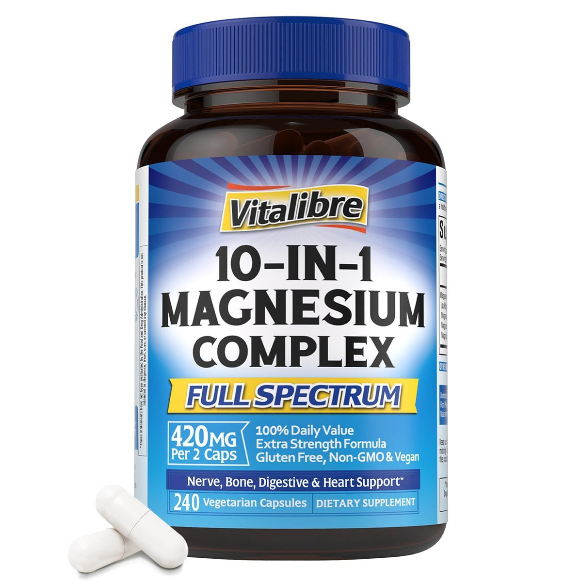 Vitalibre 10-in-1 Magnesium bottle front highlighting comprehensive daily mineral support.