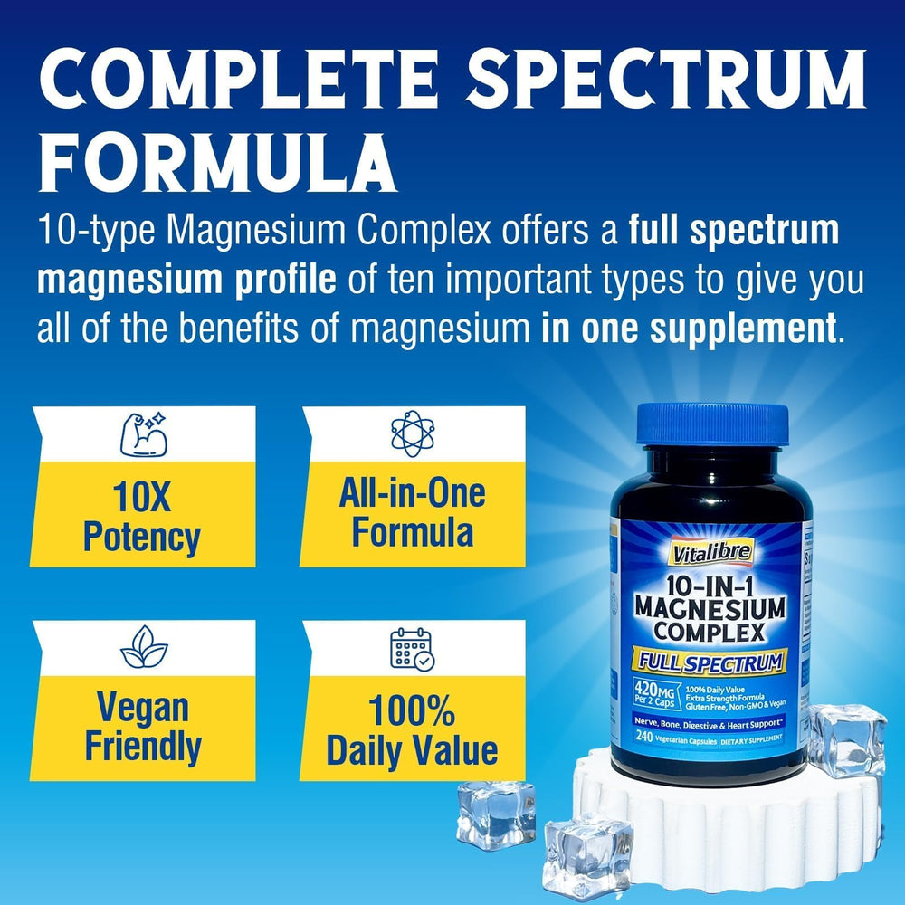 Vitalibre 10-in-1 Magnesium bottle label view featuring 420 mg elemental magnesium.