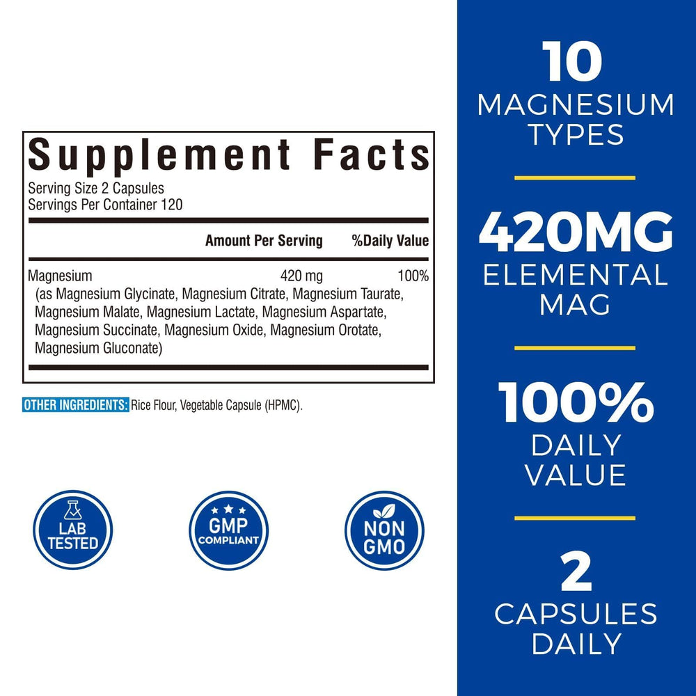 Vitalibre 10-in-1 Magnesium capsules closeup shows chelated, high-absorption formula.
