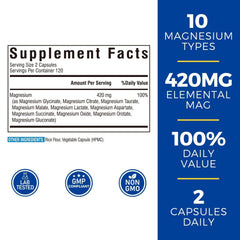 Vitalibre 10-in-1 Magnesium capsules closeup shows chelated, high-absorption formula.