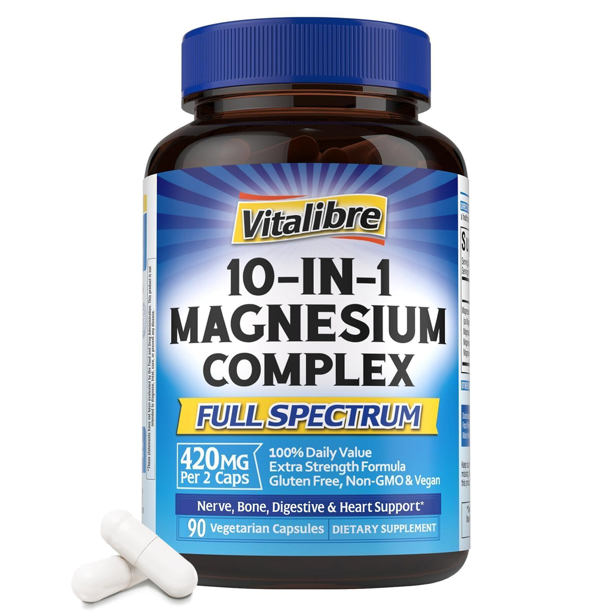 Vitalibre 10-in-1 Magnesium Complex bottle ready for daily use, supports nerve comfort.
