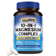Vitalibre 10-in-1 Magnesium Complex bottle ready for daily use, supports nerve comfort.
