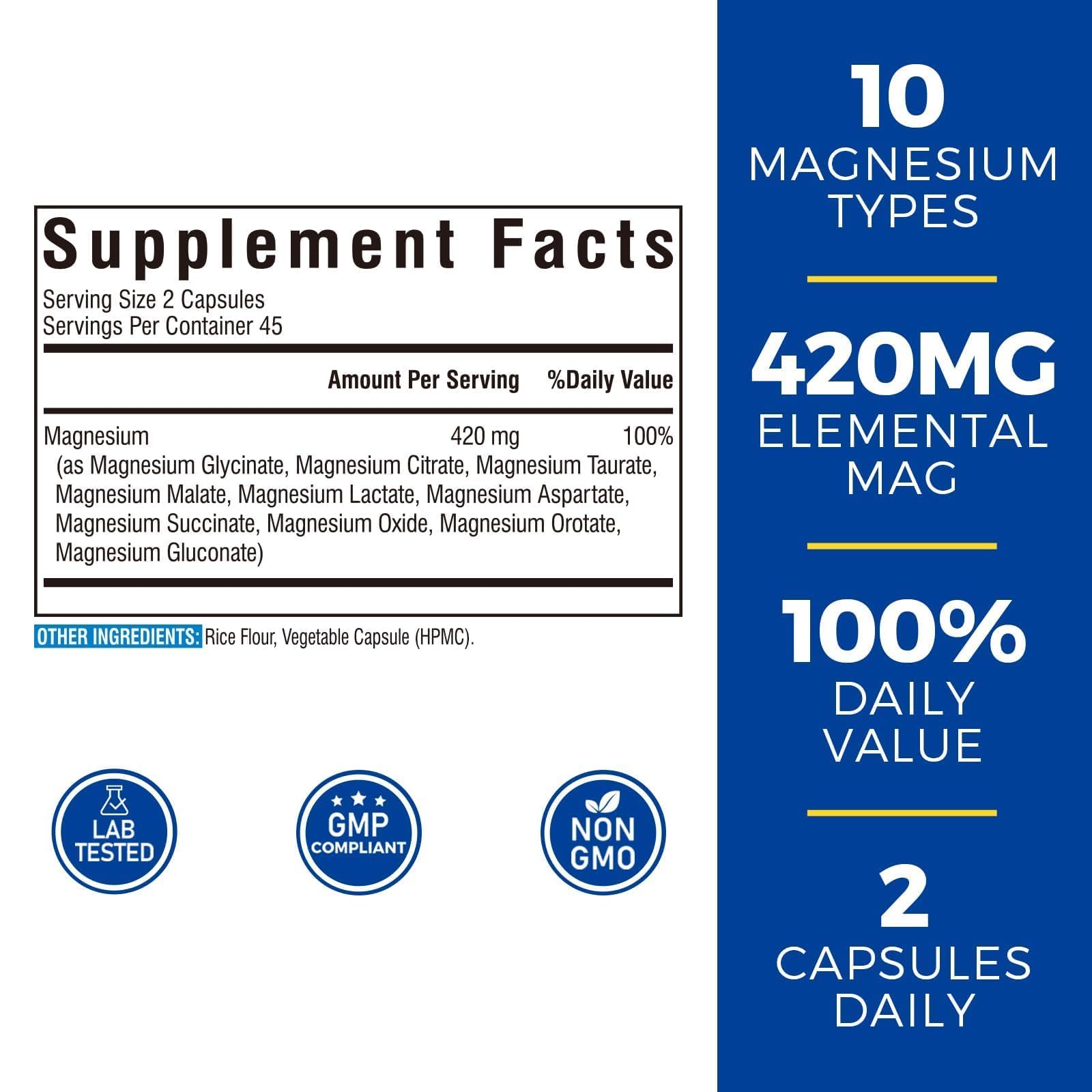 Vitalibre 10-in-1 Magnesium Complex label highlights 420 mg elemental magnesium per serving.