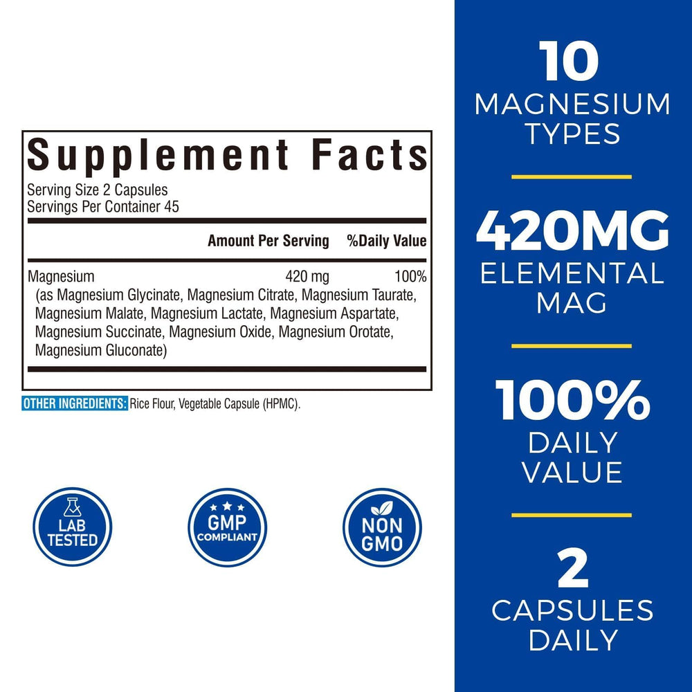 Vitalibre 10-in-1 Magnesium Complex label highlights 420 mg elemental magnesium per serving.