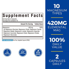 Vitalibre 10-in-1 Magnesium Complex label highlights 420 mg elemental magnesium per serving.
