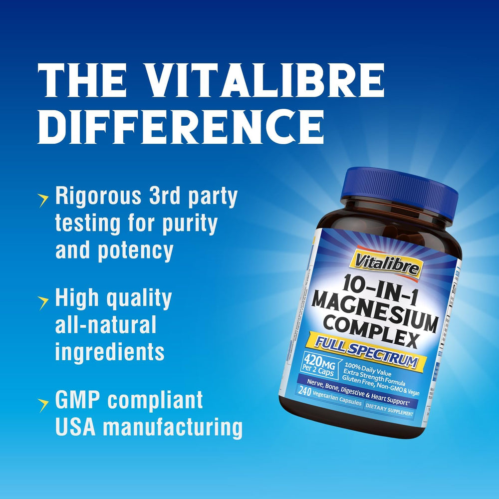 Vitalibre 10-in-1 Magnesium third-party testing badge signals quality assurance.