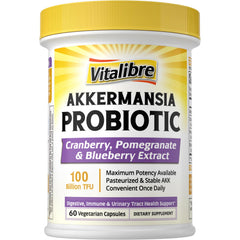 Vitalibre Akkermansia Probiotics bottle front shows 100B TFU for digestion.