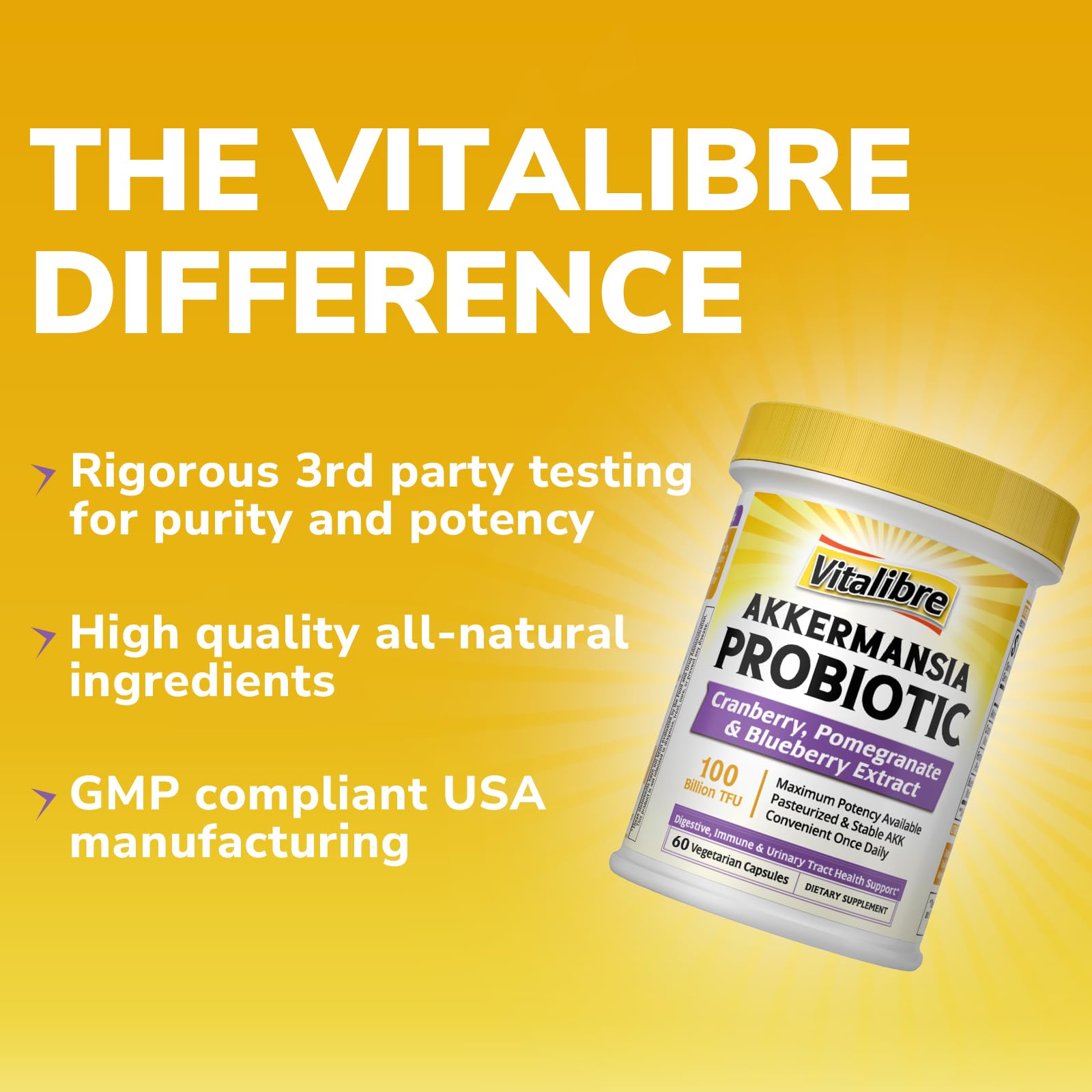 Vitalibre Akkermansia Probiotics vegan packaging highlights plant-based wellness.