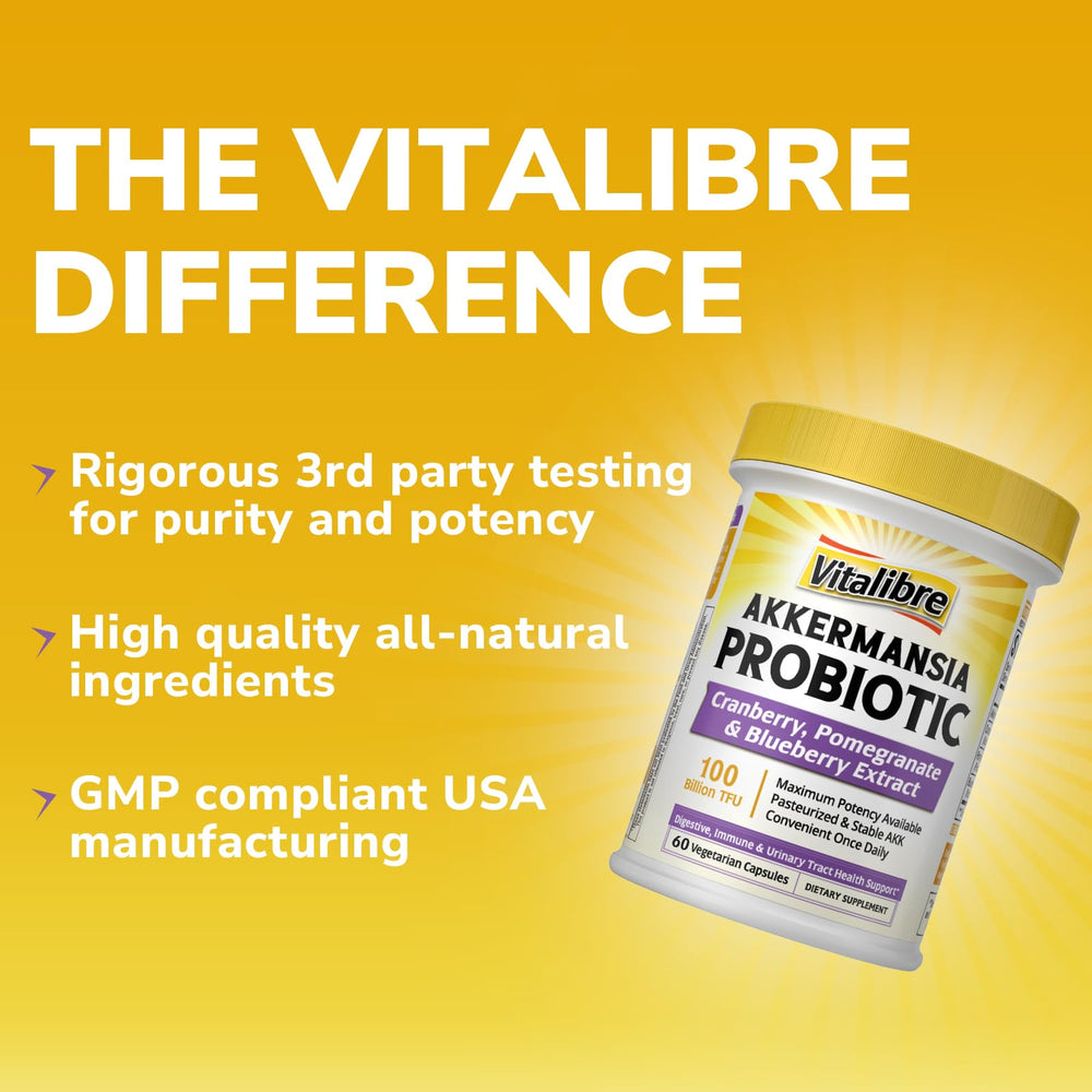 Vitalibre Akkermansia Probiotics vegan packaging highlights plant-based wellness.