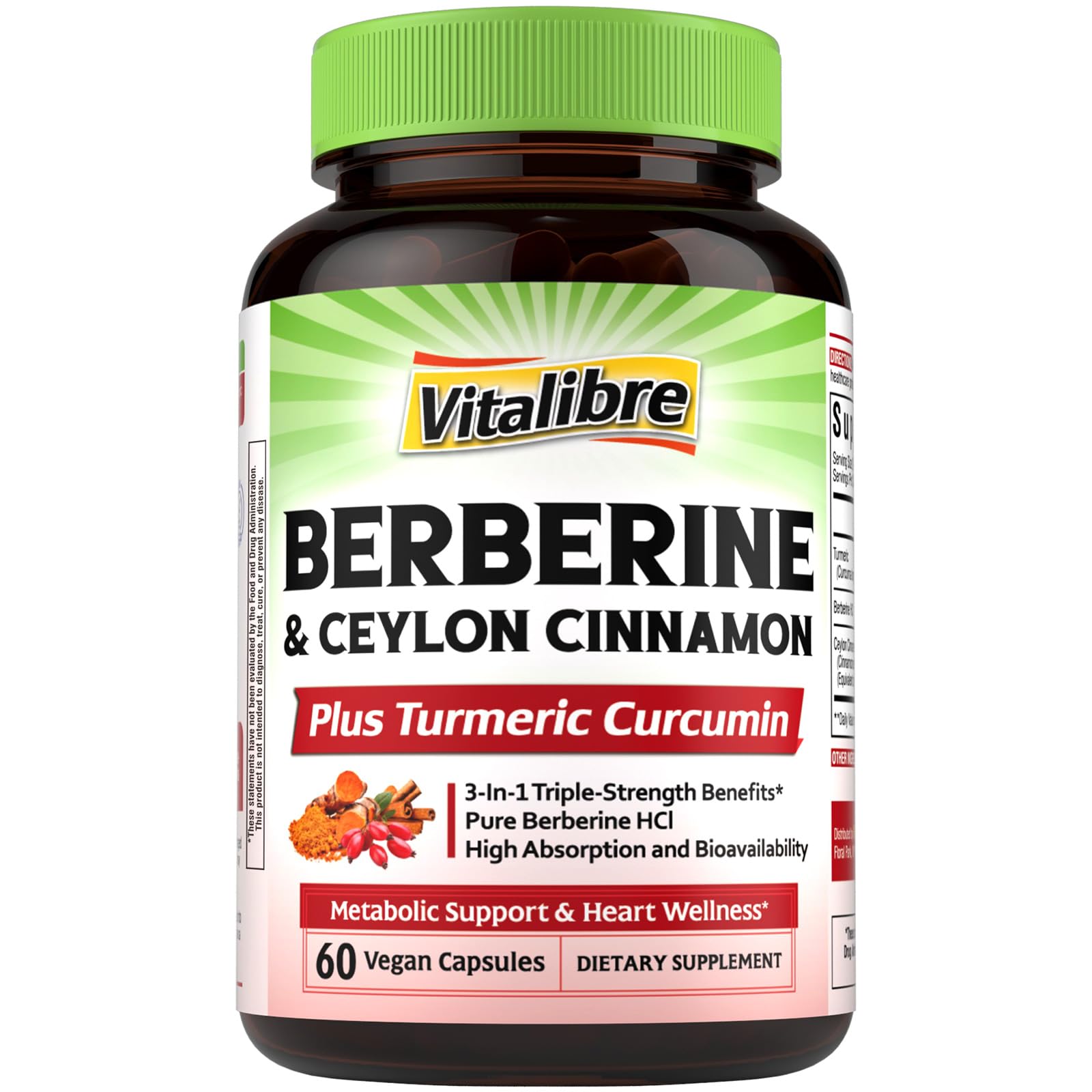 Vitalibre Berberine capsules with cinnamon and turmeric in bottle support metabolism