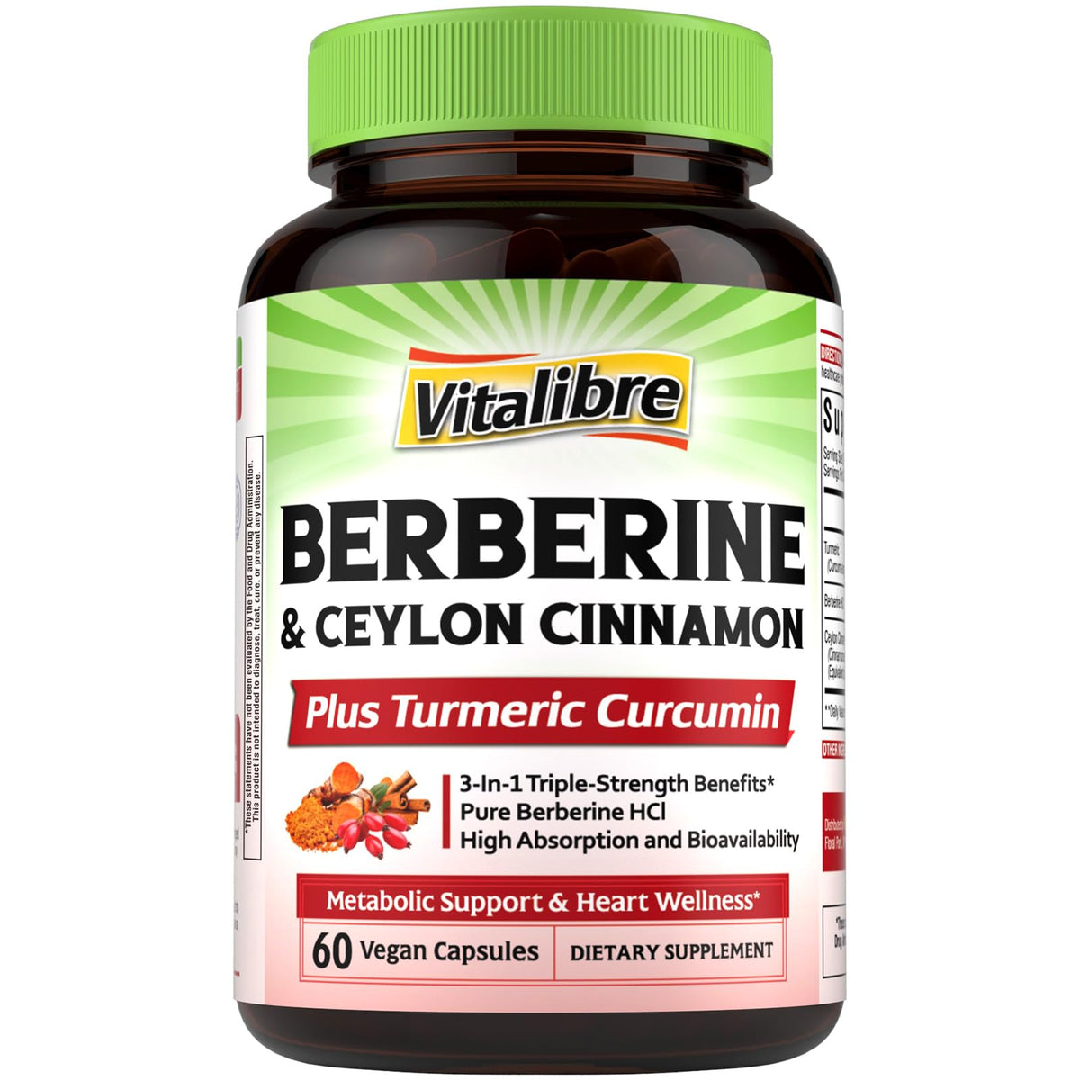 Vitalibre Berberine capsules with cinnamon and turmeric in bottle support metabolism