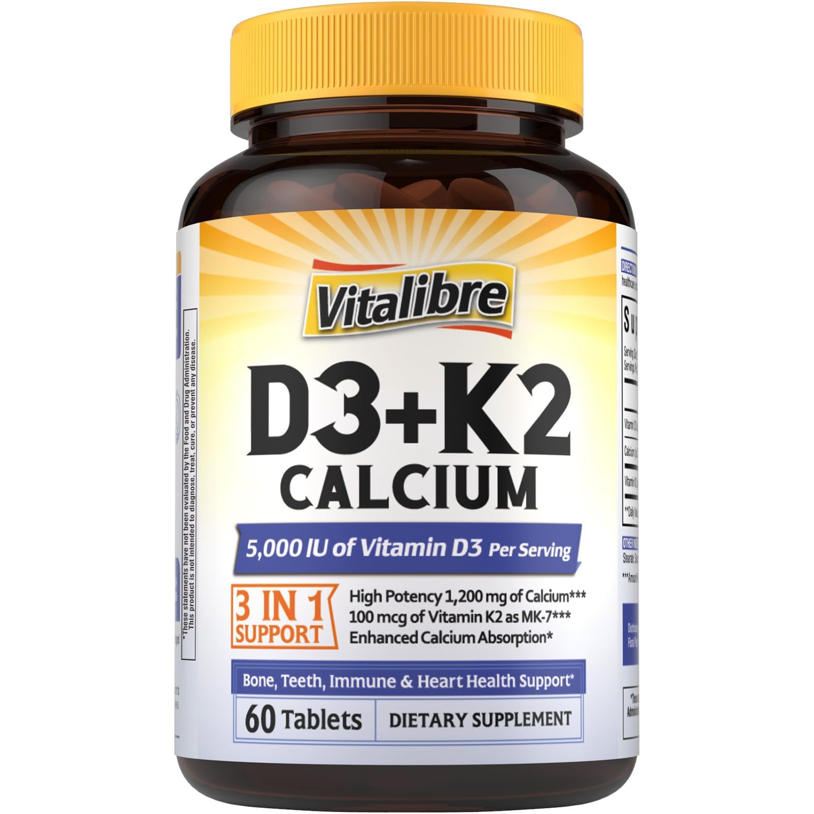 Vitalibre D3 K2 Calcium bottle front promotes bone health and daily wellness