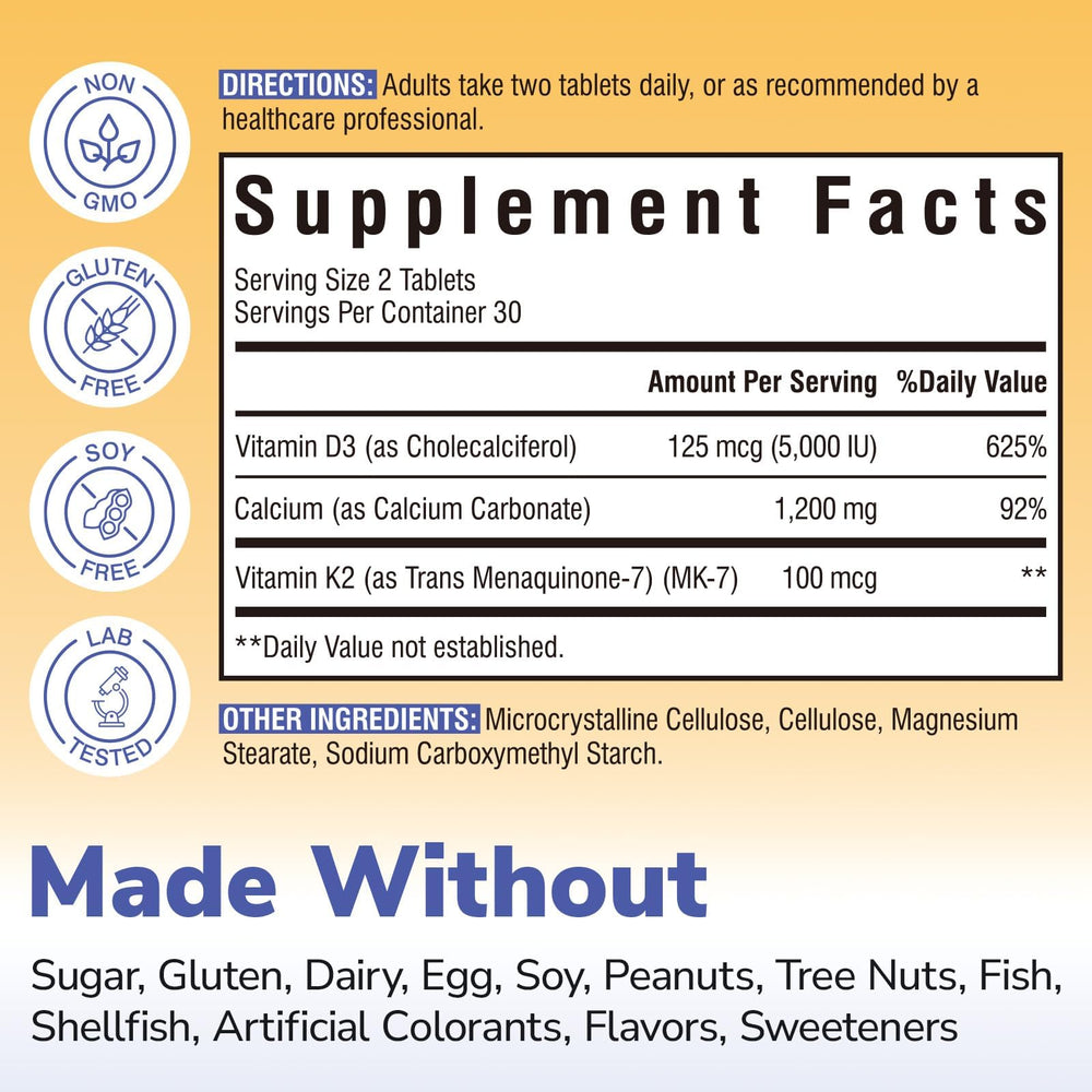 Vitalibre D3 K2 Calcium tablets close-up highlighting MK-7 and calcium content