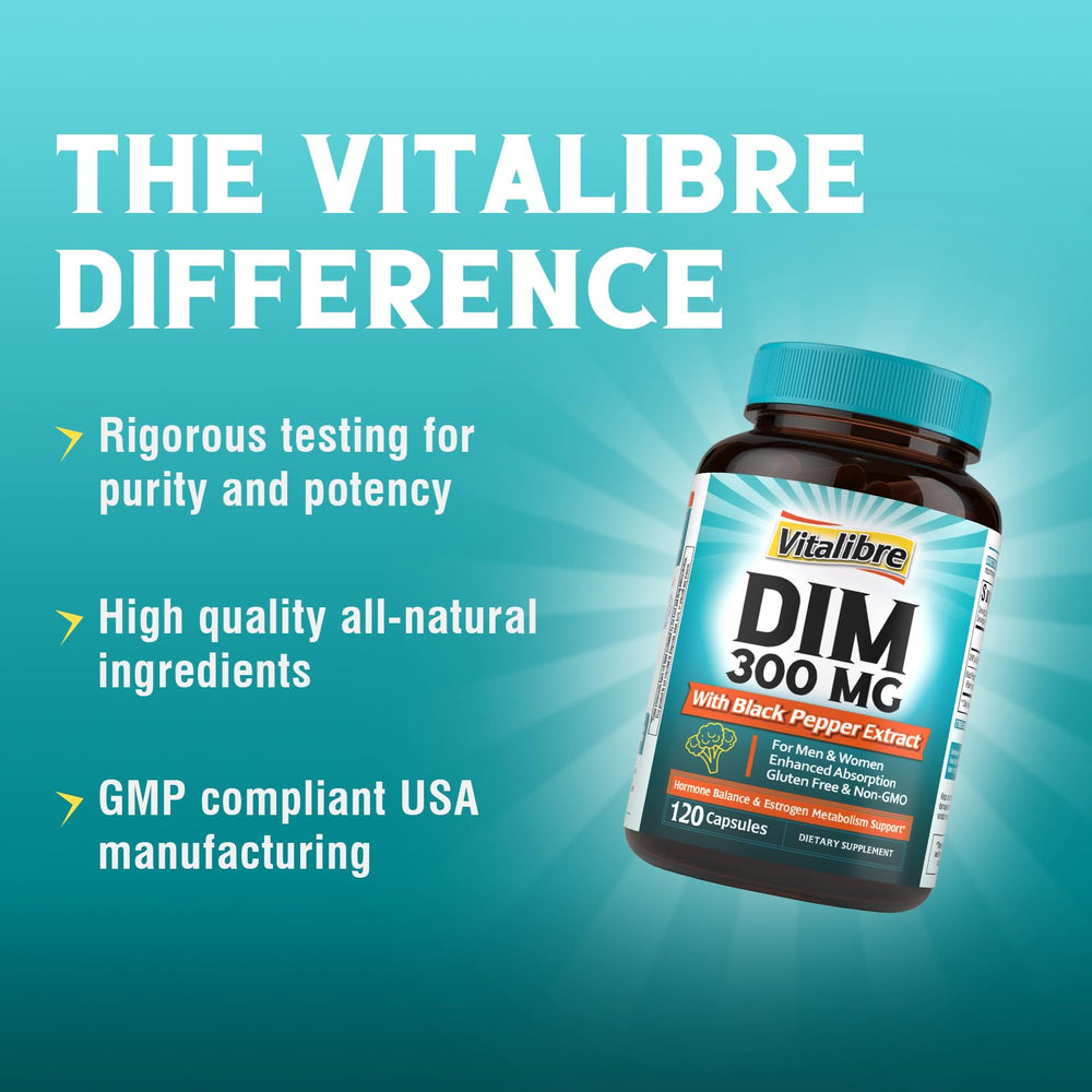 Detail of Vitalibre DIM label emphasizing absorption with black pepper extract