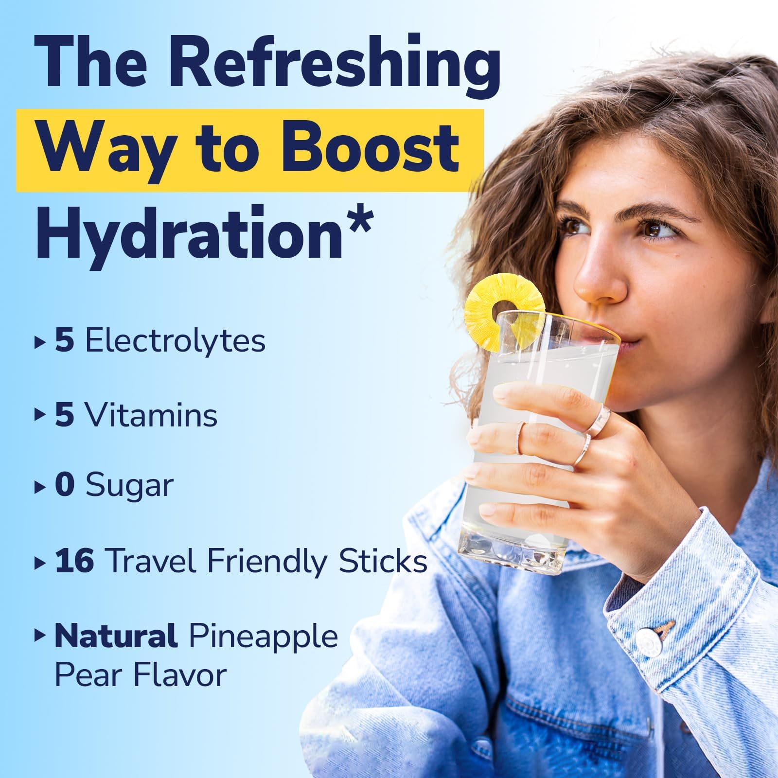 Travel-ready Vitalibre electrolytes stick pack with pineapple-pear flavor