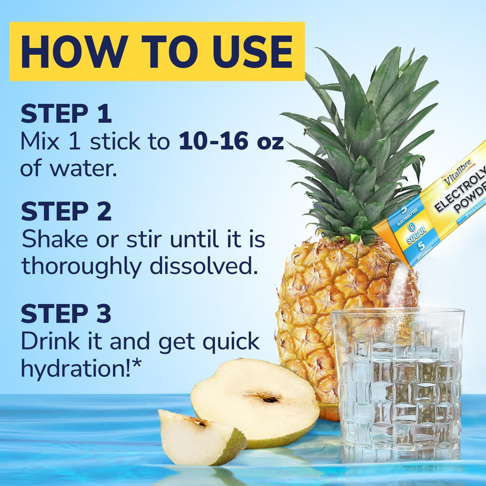 Vitalibre stick pack pineapple-pear with clear ingredient labeling