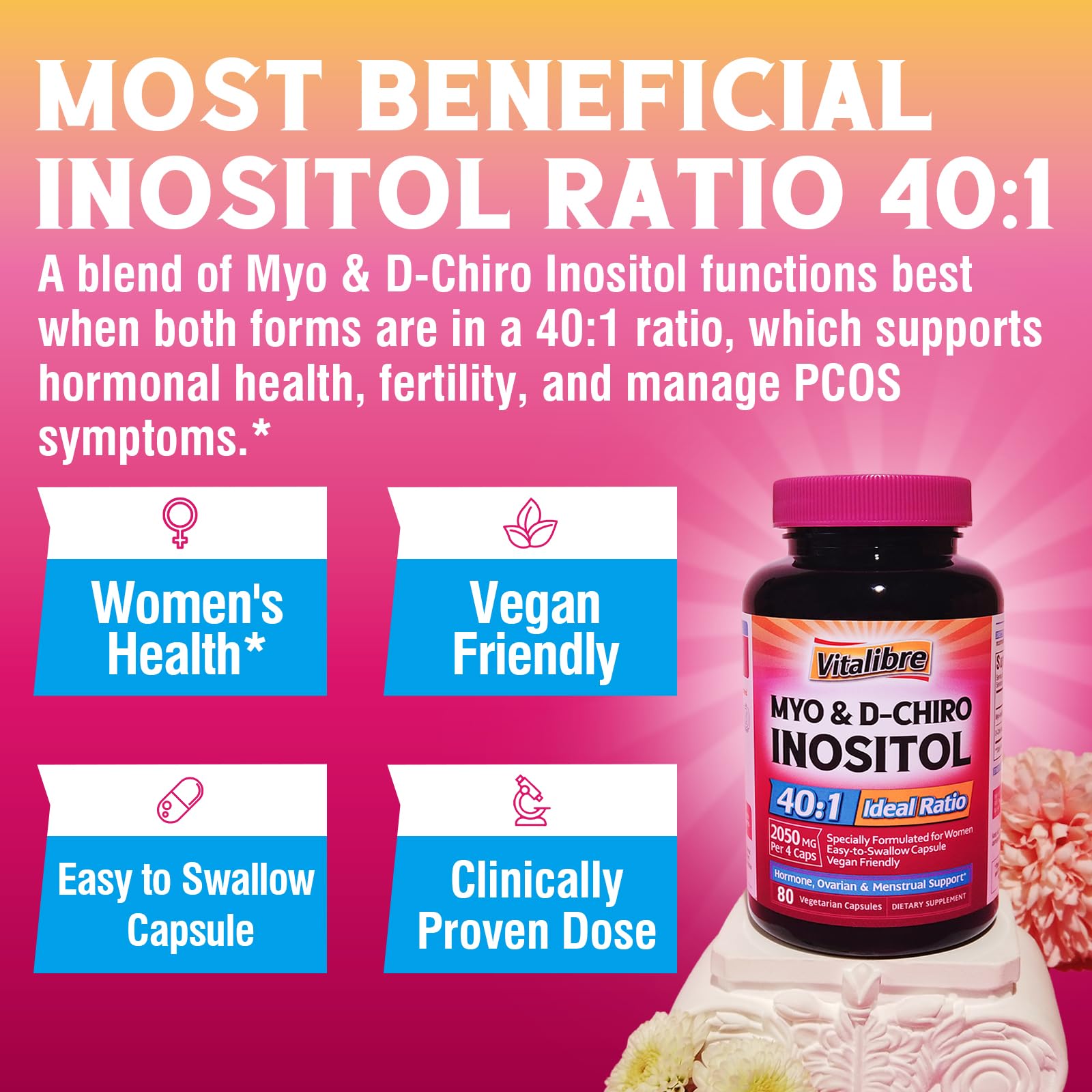Vitalibre ingredient closeup shows Myo-Inositol and D-Chiro Inositol content.