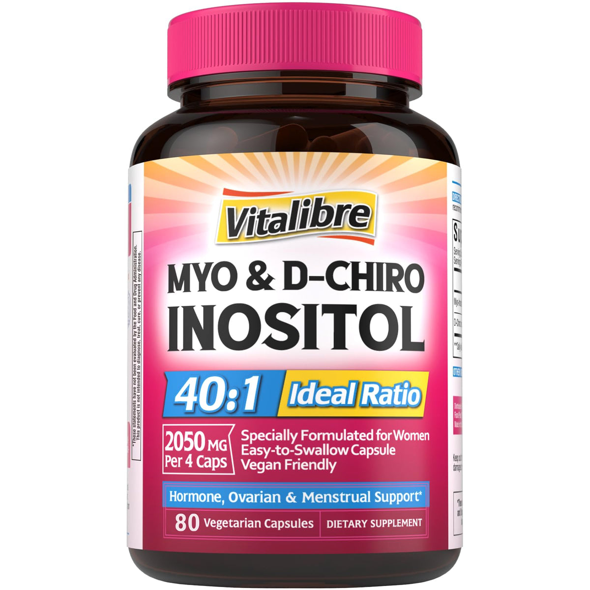 Vitalibre Inositol capsules bottle displays 80 vegan capsules for hormonal balance.