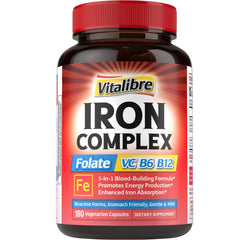 Vitalibre Iron Complex bottle front showing vegan, clean formula for daily energy support.