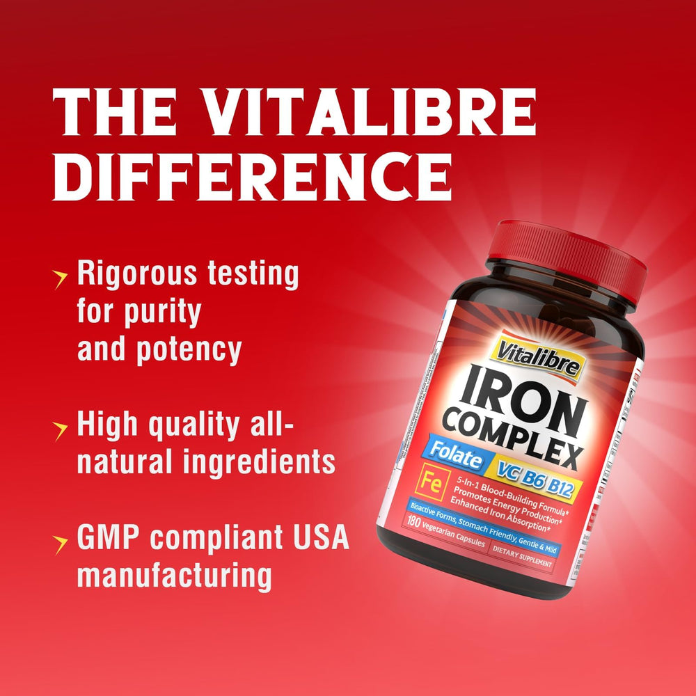 Made in USA seal on Vitalibre Iron Complex packaging indicating GMP production.