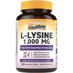 Vitalibre L-Lysine 1000 mg tablet on white background, emphasizing high potency for immune support.