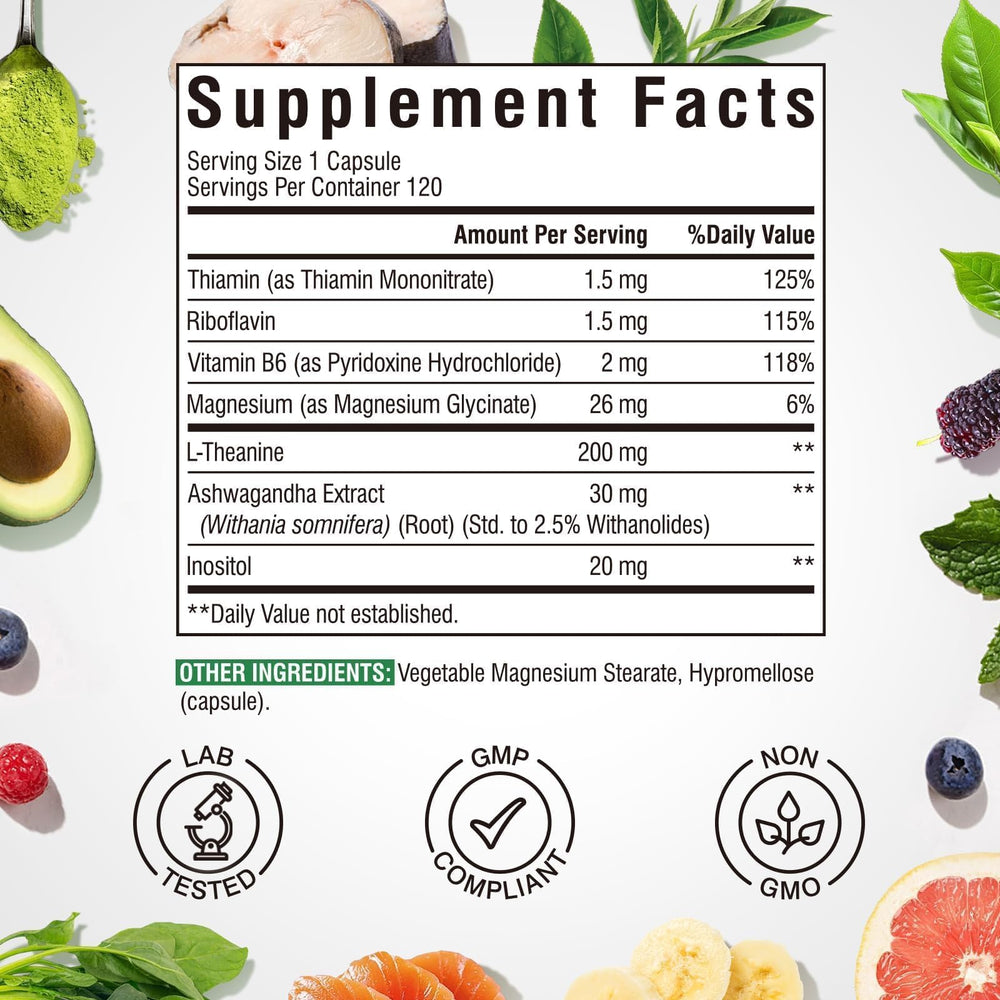 Vitalibre L-Theanine 7-in-1 formula bottle highlights comprehensive mood and focus support