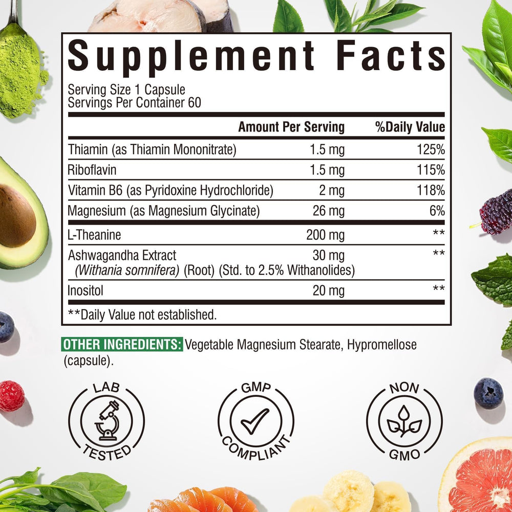 Vitalibre L-Theanine 7-in-1 capsules demonstrating multi-support for mood and clarity.