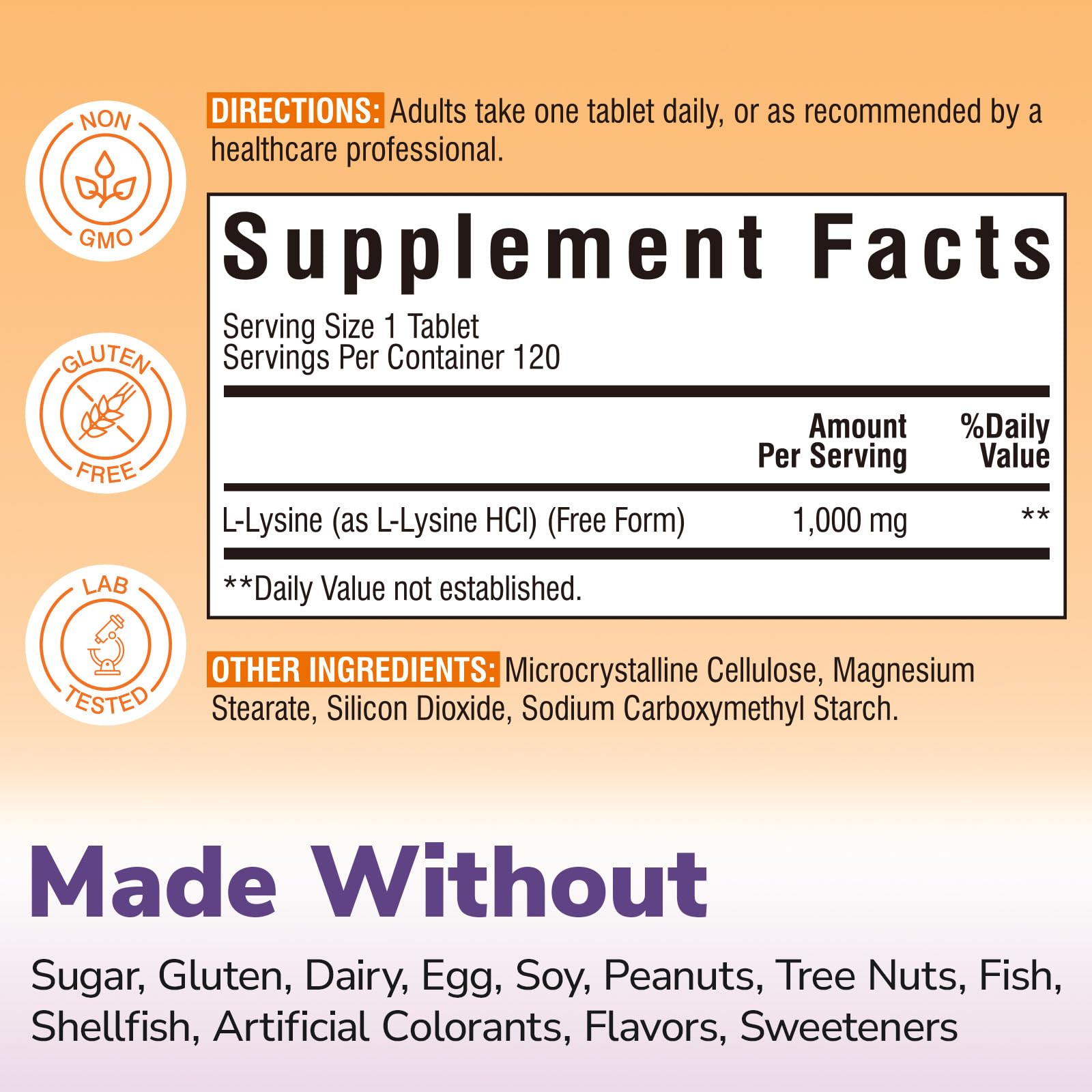 Vitalibre L-Lysine tablet bottle on a clean surface for easy daily use.
