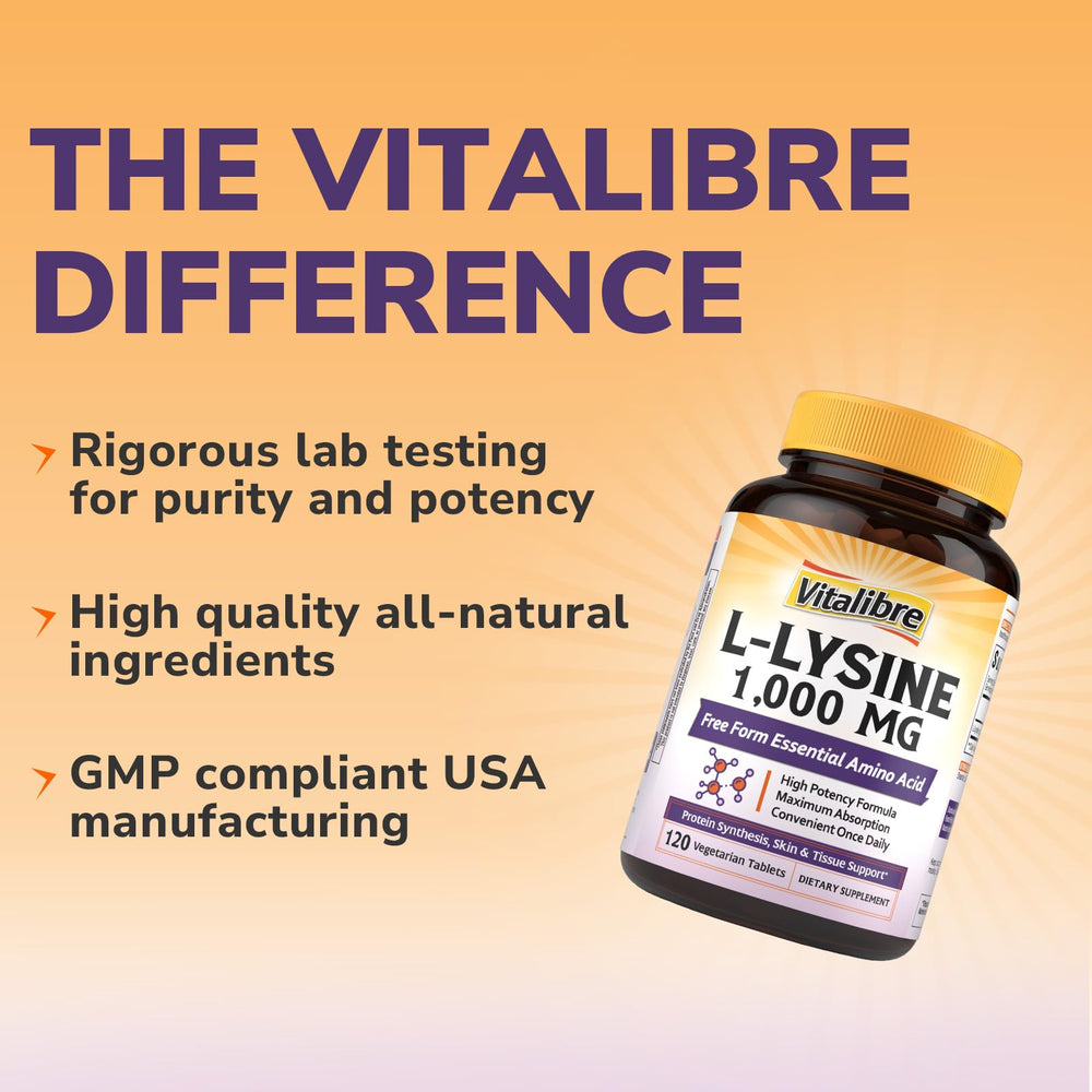 Vitalibre L-Lysine tablet shown beside a glass of water for daily intake.