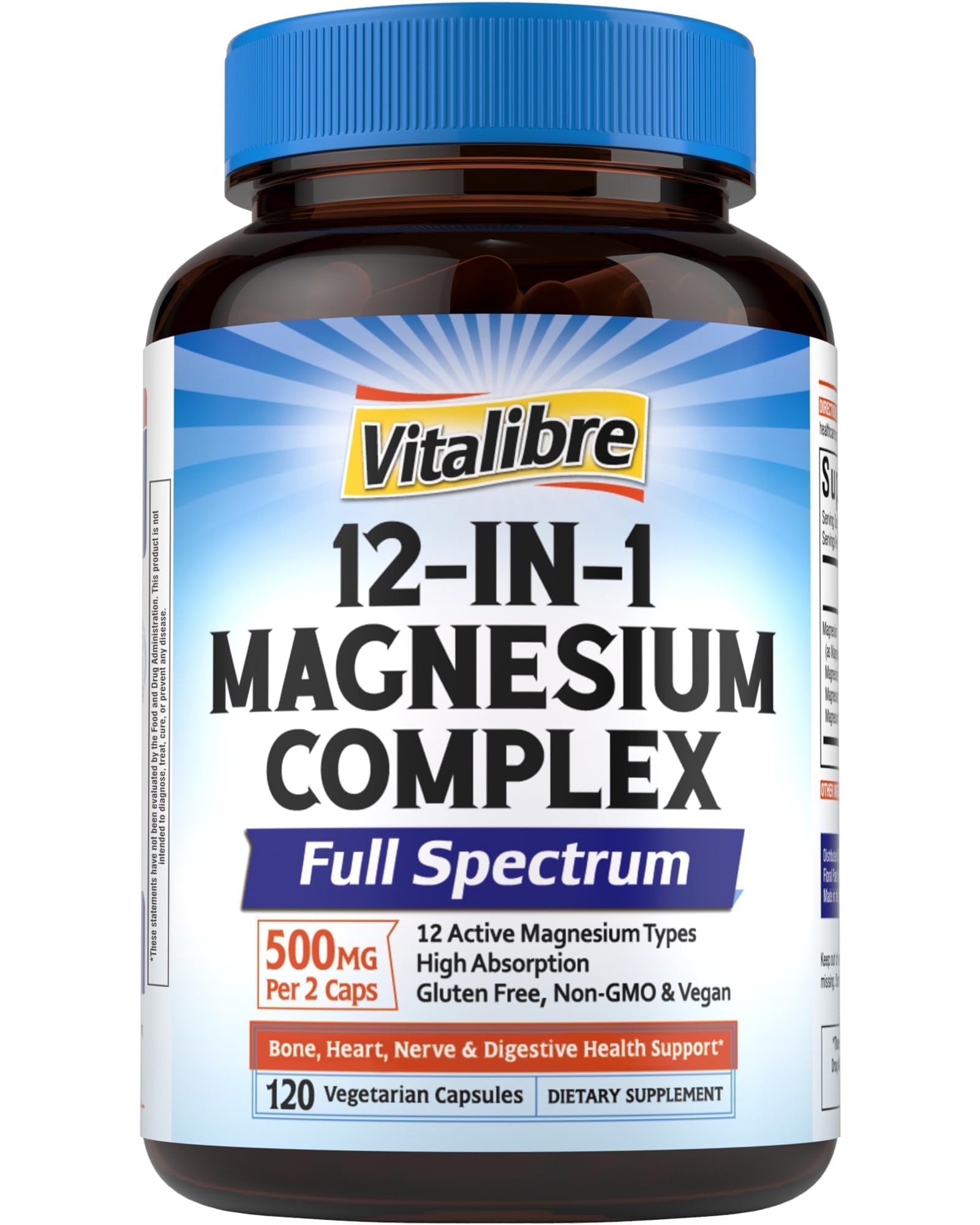 Vitalibre magnesium 12-in-1 bottle front view; high‑potency daily support