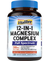 Vitalibre magnesium 12-in-1 bottle front view; high‑potency daily support