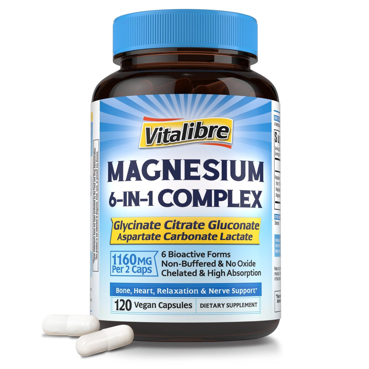 Vitalibre Magnesium Complex 6-in-1 bottle pour supports daily intake.