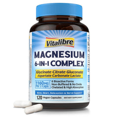 Vitalibre Magnesium Complex 6-in-1 bottle pour supports daily intake.