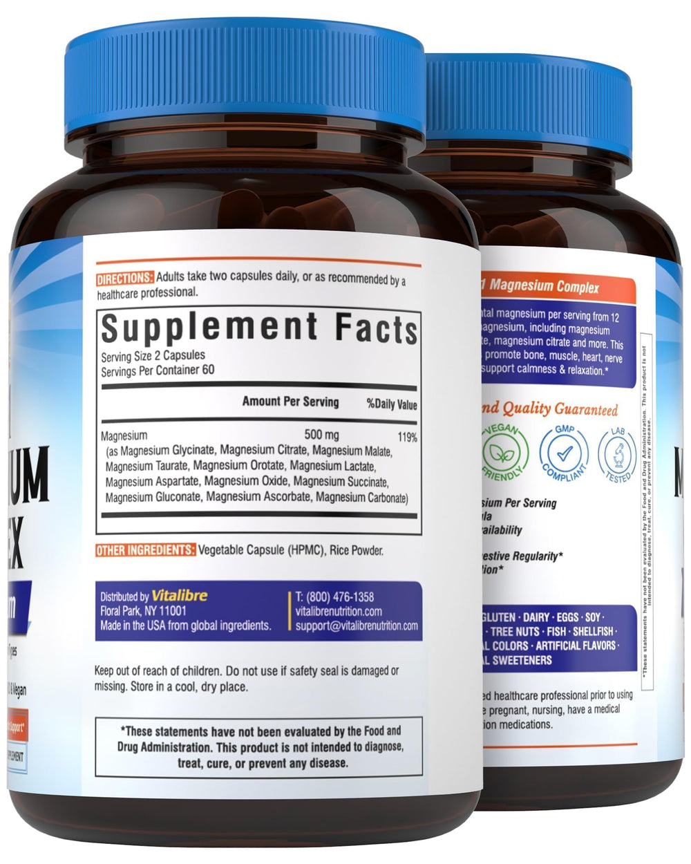 Vitalibre magnesium 12-in-1 branding closeup; emphasis on quality