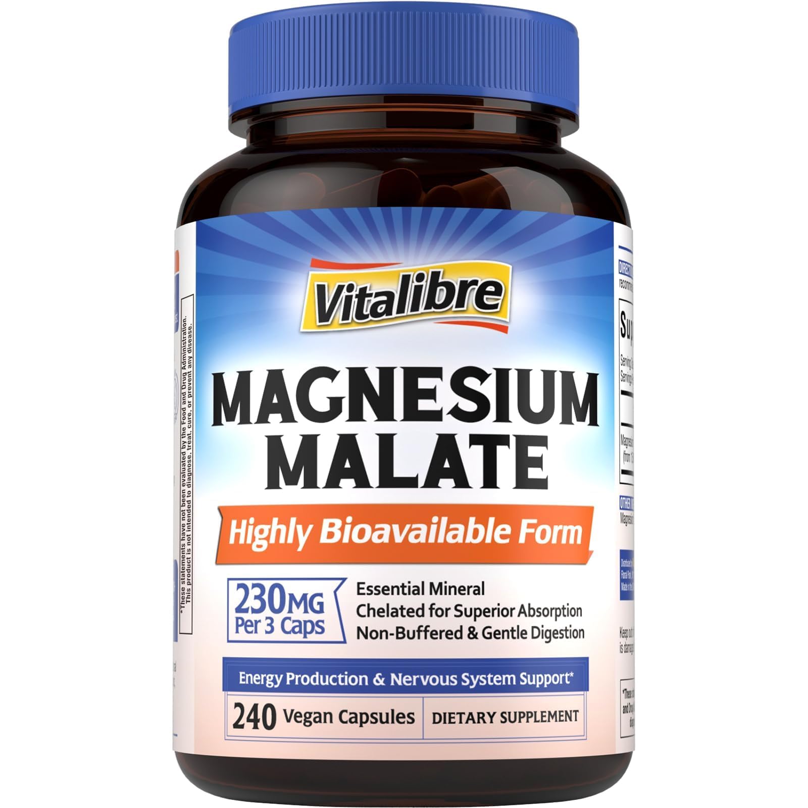 Vitalibre Magnesium Malate bottle front showing vegan formula for daily energy support.