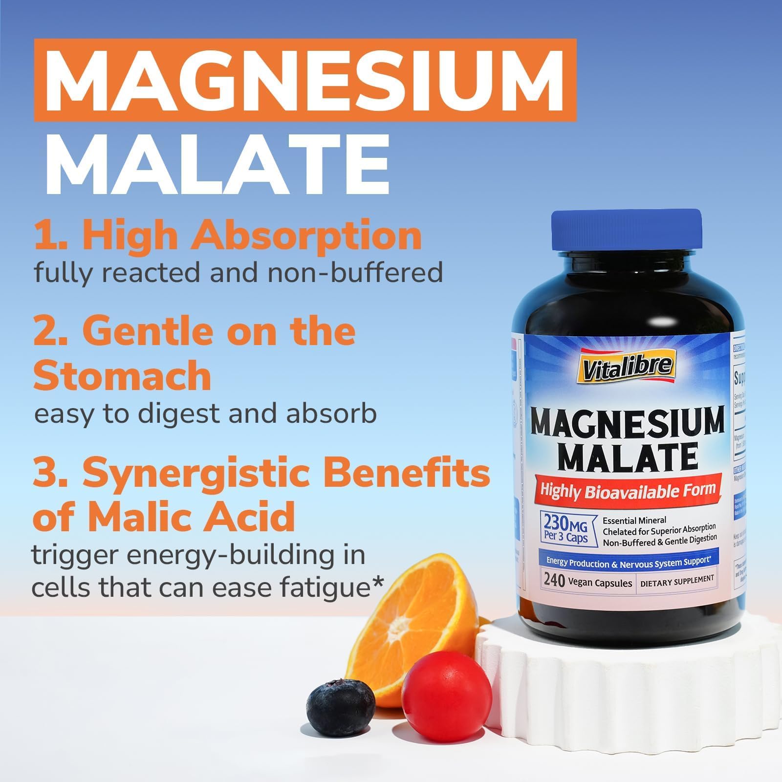 Vitalibre Magnesium Malate ingredient label emphasizing chelated magnesium and malic acid.