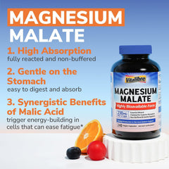 Vitalibre Magnesium Malate ingredient label emphasizing chelated magnesium and malic acid.