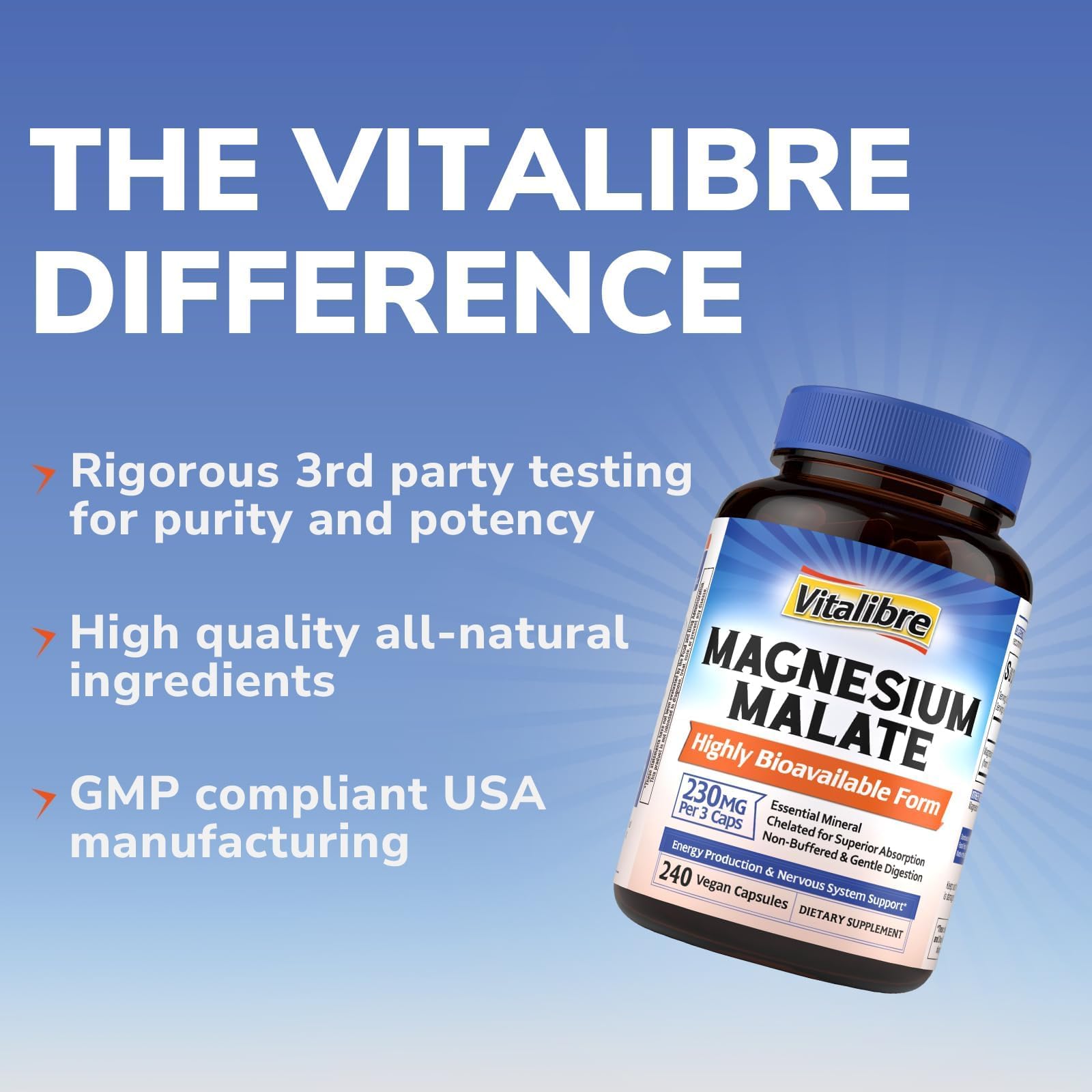Vitalibre Magnesium Malate vegan gluten-free symbols signaling purity and dietary compatibility.