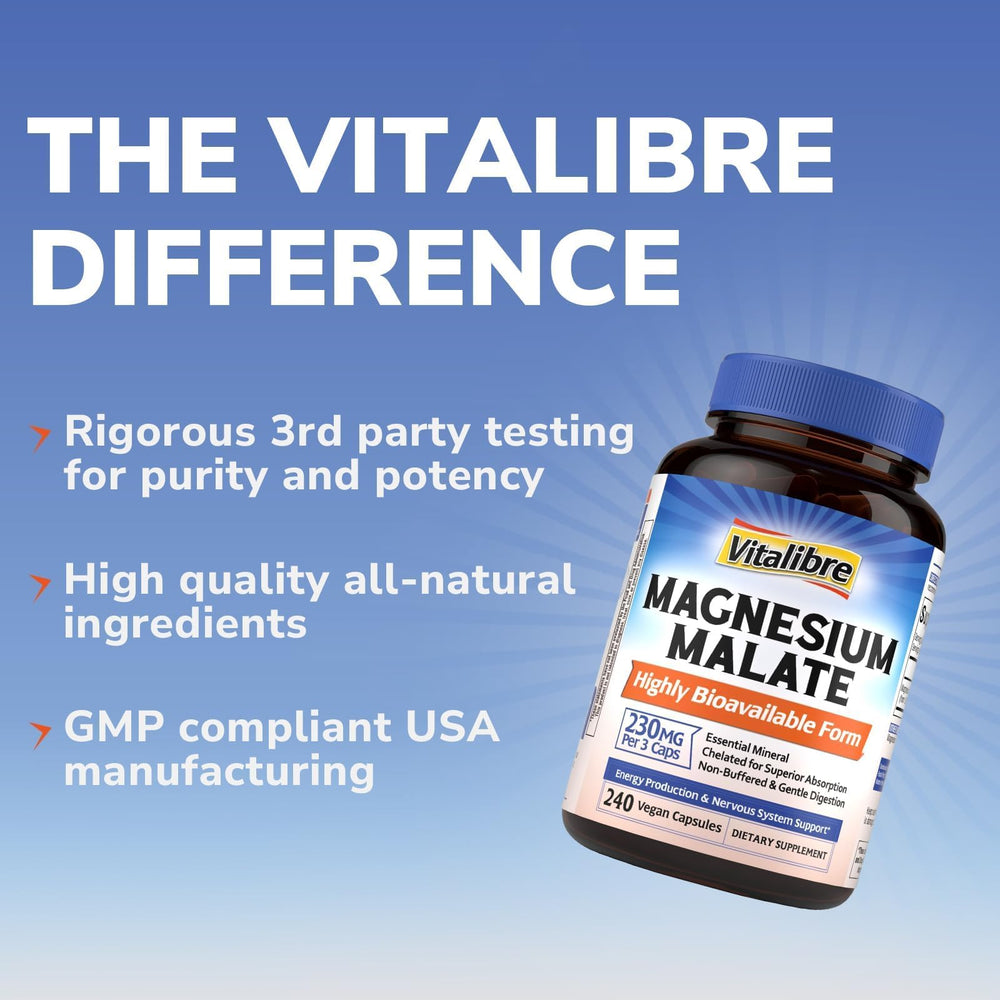 Vitalibre Magnesium Malate vegan gluten-free symbols signaling purity and dietary compatibility.